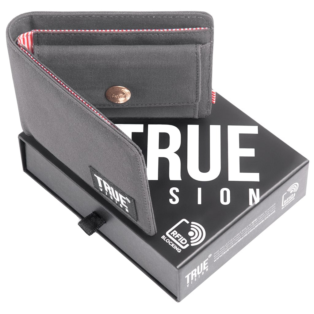 Charcoal grey bi-fold wallet from truevisionbrand with multiple card slots and a sleek, slim design for everyday use.