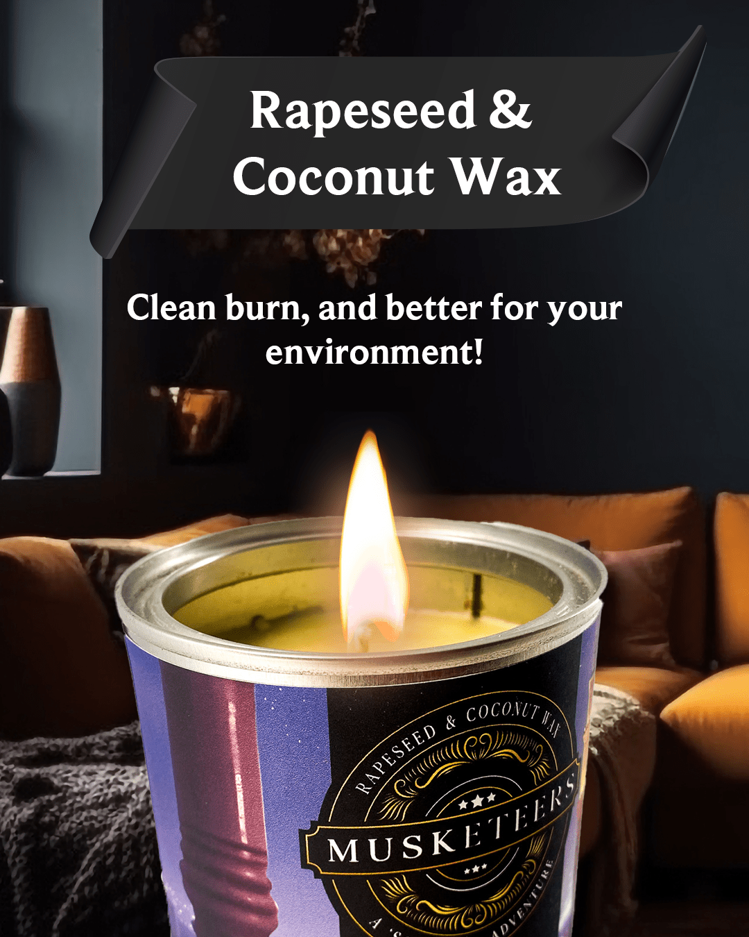 Musketeers Takes Two to Mango mango candle with coconut wax, featuring a vibrant mango and coconut scent in a decorative candle jar.