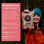 Organic dark roast coffee by Exhale Healthy Coffee, showing a bag of rich, dark roasted coffee beans on a rustic surface.