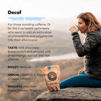 Organic decaf coffee from Exhale Healthy Coffee featuring a fresh coffee cup with beans and a bag of decaffeinated coffee.