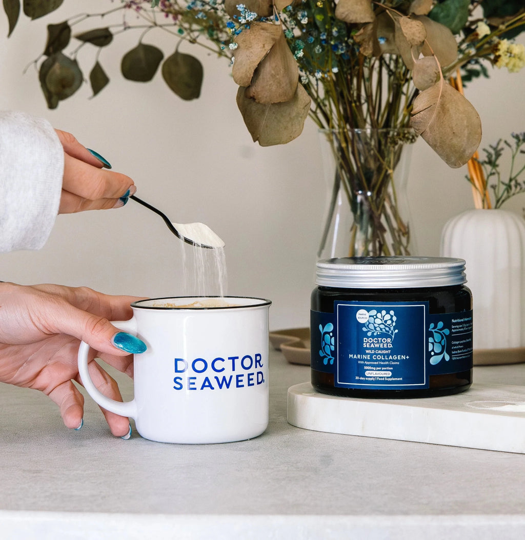 Doctor Seaweed Collagen+ supplement in a bottle, featuring natural ingredients for skin and joint health.