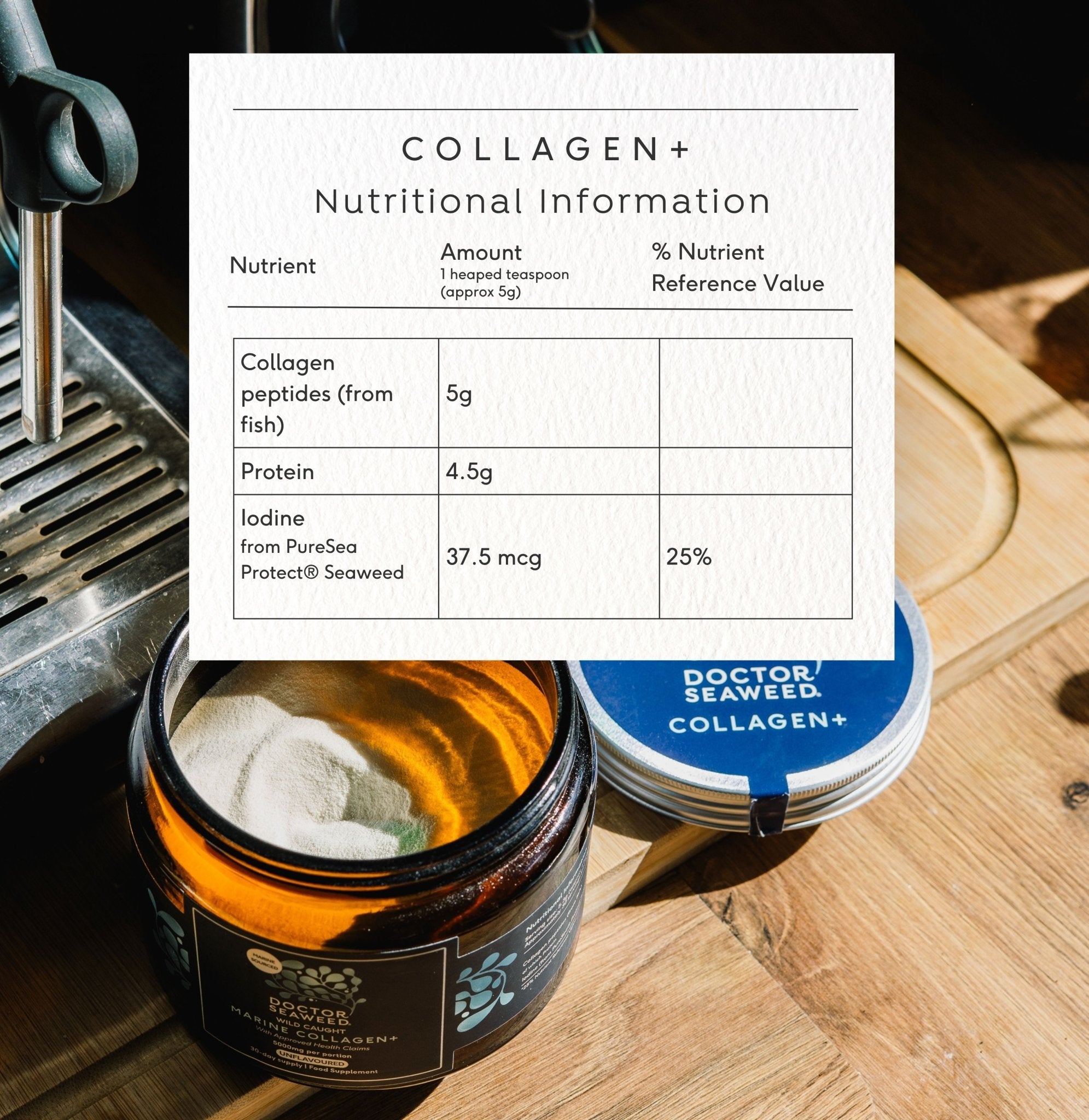 Doctor Seaweed Collagen+ nutritional table showing ingredient list and supplement information on a white background.