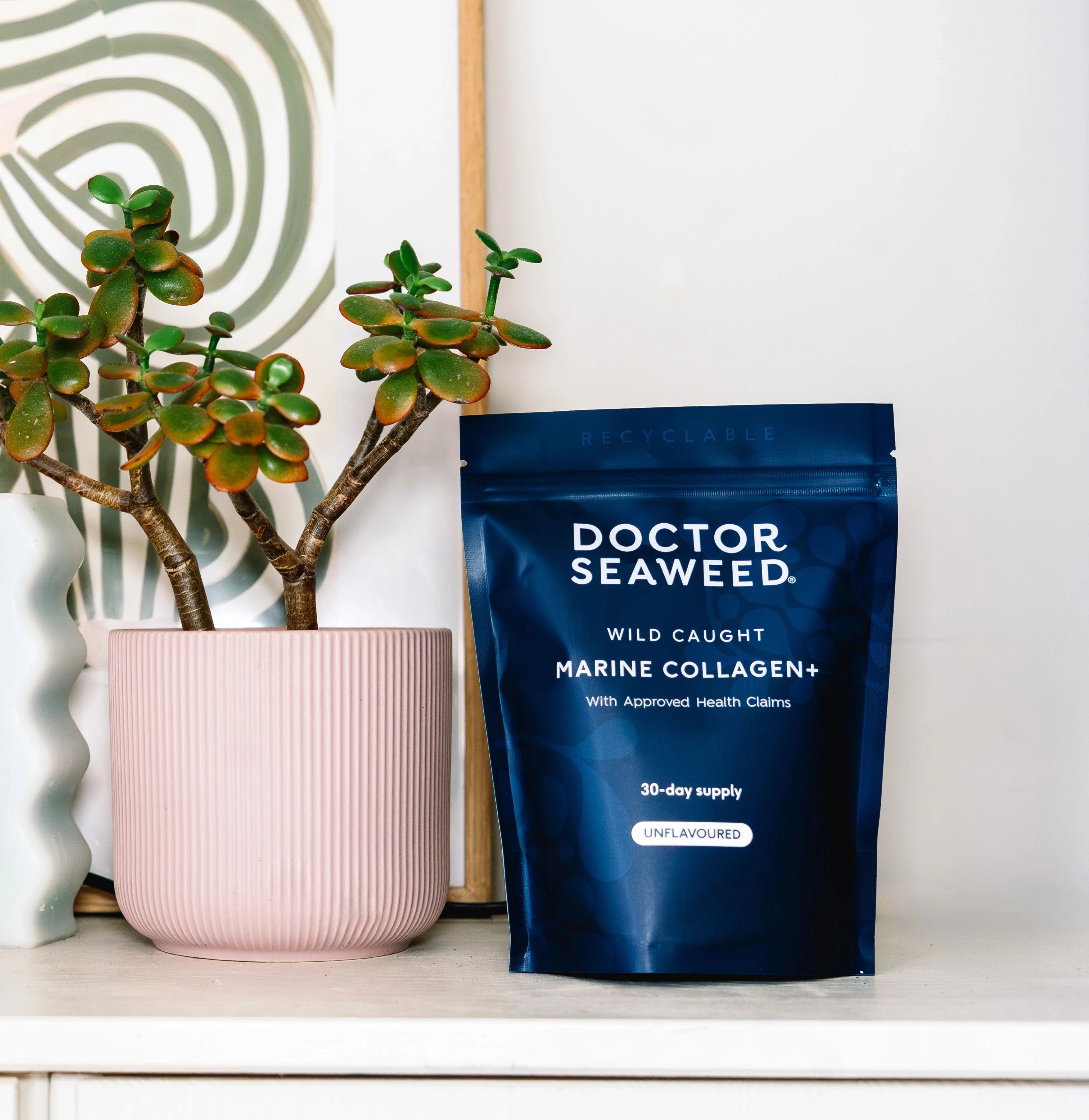 Doctor Seaweed Collagen+ refill pouch showing a resealable pouch with collagen supplement powder inside.