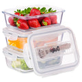 Three Igluu Meal Prep glass containers with cutlery and strawberry toppings, 1050 ml capacity, ideal for meal planning.