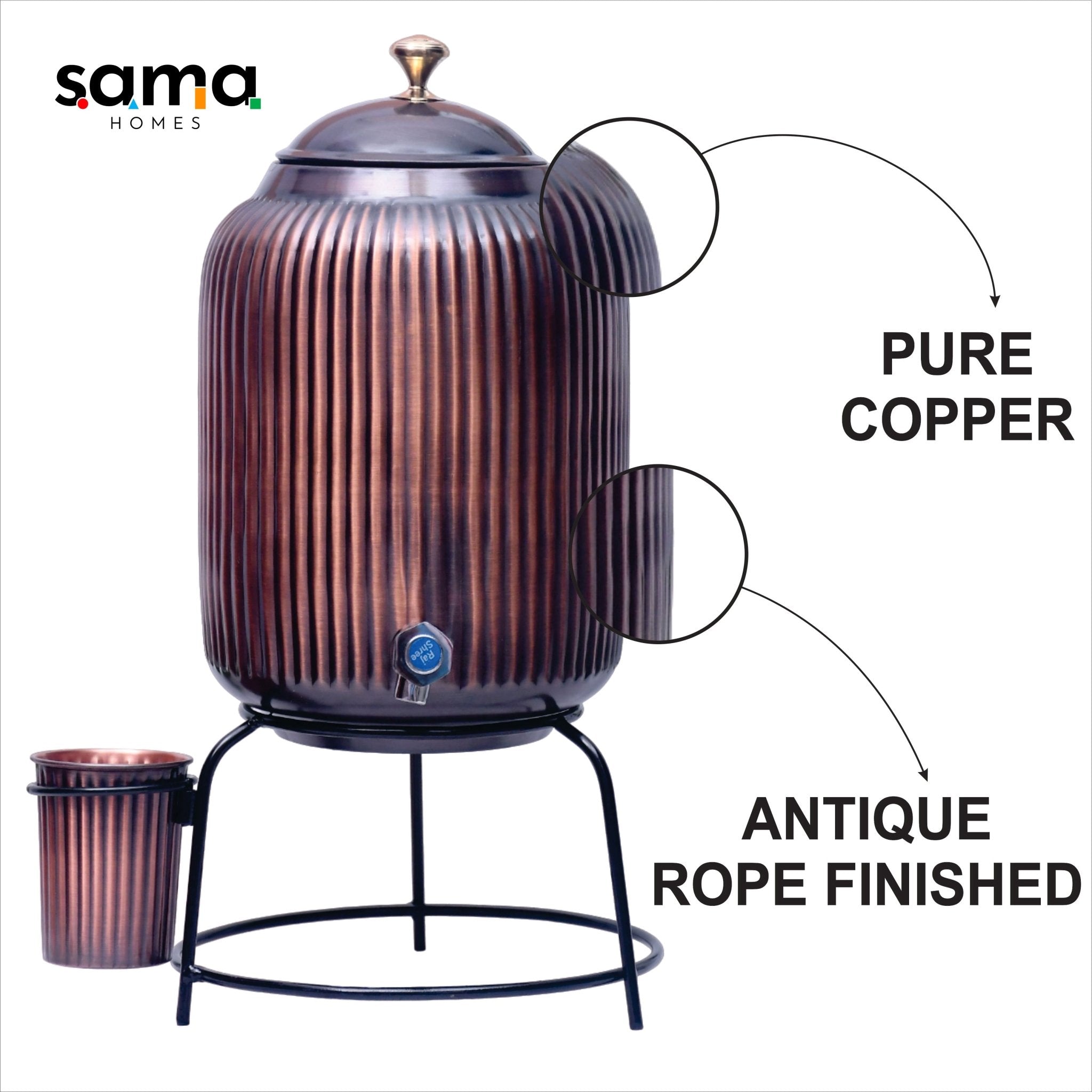 Pure copper water dispenser with antique rope design, glass container, and stand, 5L or 8L capacity, handcrafted by SAMA Homes.
