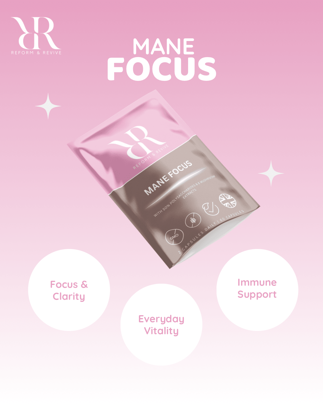 Reform and Revive Mane Focus+ vitamins bottle with colorful label, promoting cognitive support and mental clarity.
