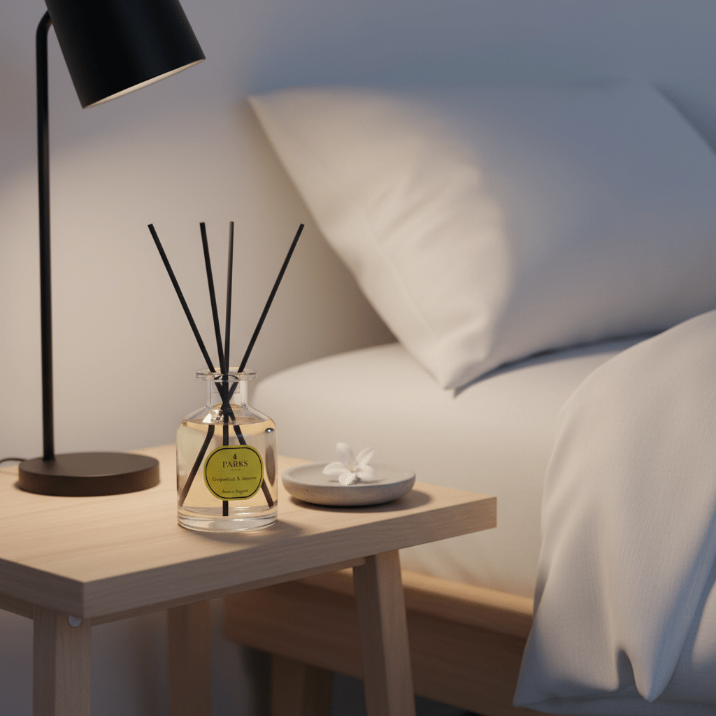 Parks Candles grapefruit and jasmine reed diffuser 100ml with a sleek glass bottle and reed sticks for home fragrance.