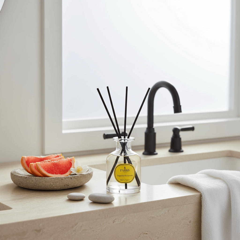 Parks Candles grapefruit and jasmine reed diffuser in a 100ml glass bottle with reed sticks, adding a fresh floral scent to the space.