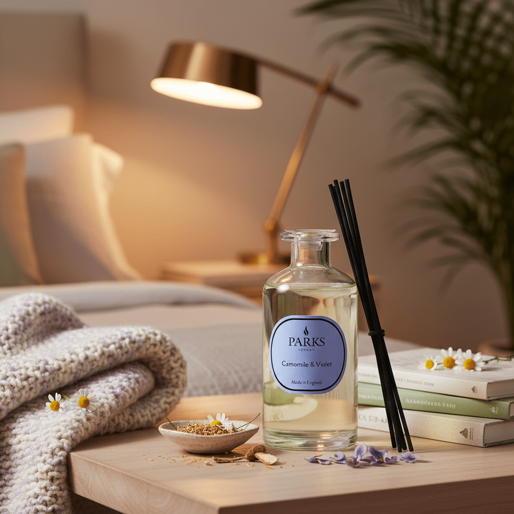 Parks Candles Camomile Violet & Orris reed diffuser 220ml with elegant glass bottle and reed sticks, aromatic home fragrance.