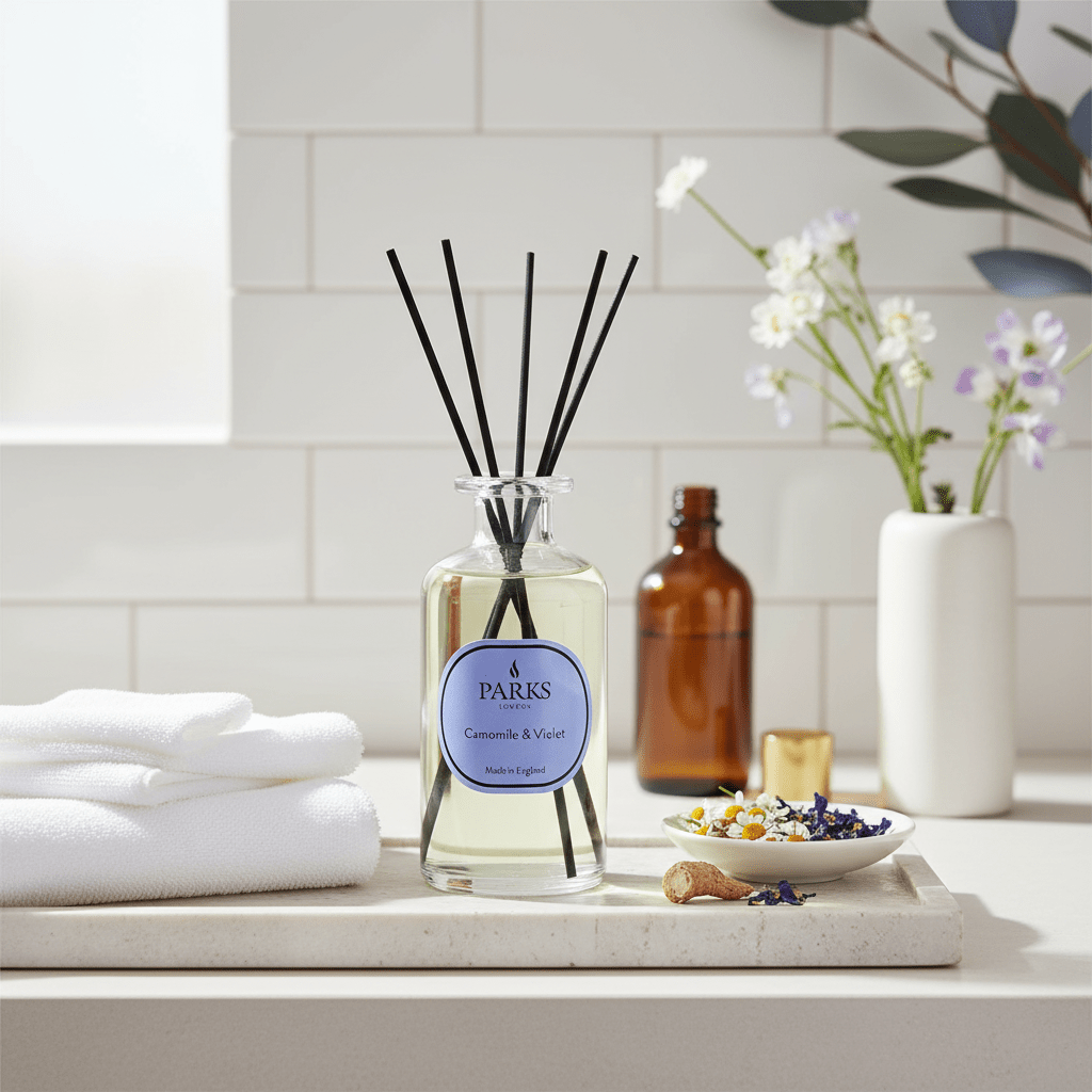 Parks Candles Camomile Violet & Orris reed diffuser 220ml with glass bottle and decorative reeds for home fragrance.