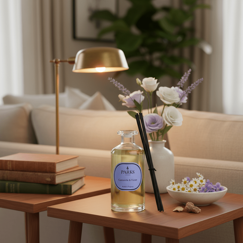 Parks Candles Camomile Violet & Orris Reed Diffuser 220ml with elegant glass bottle and reed sticks for home fragrance.