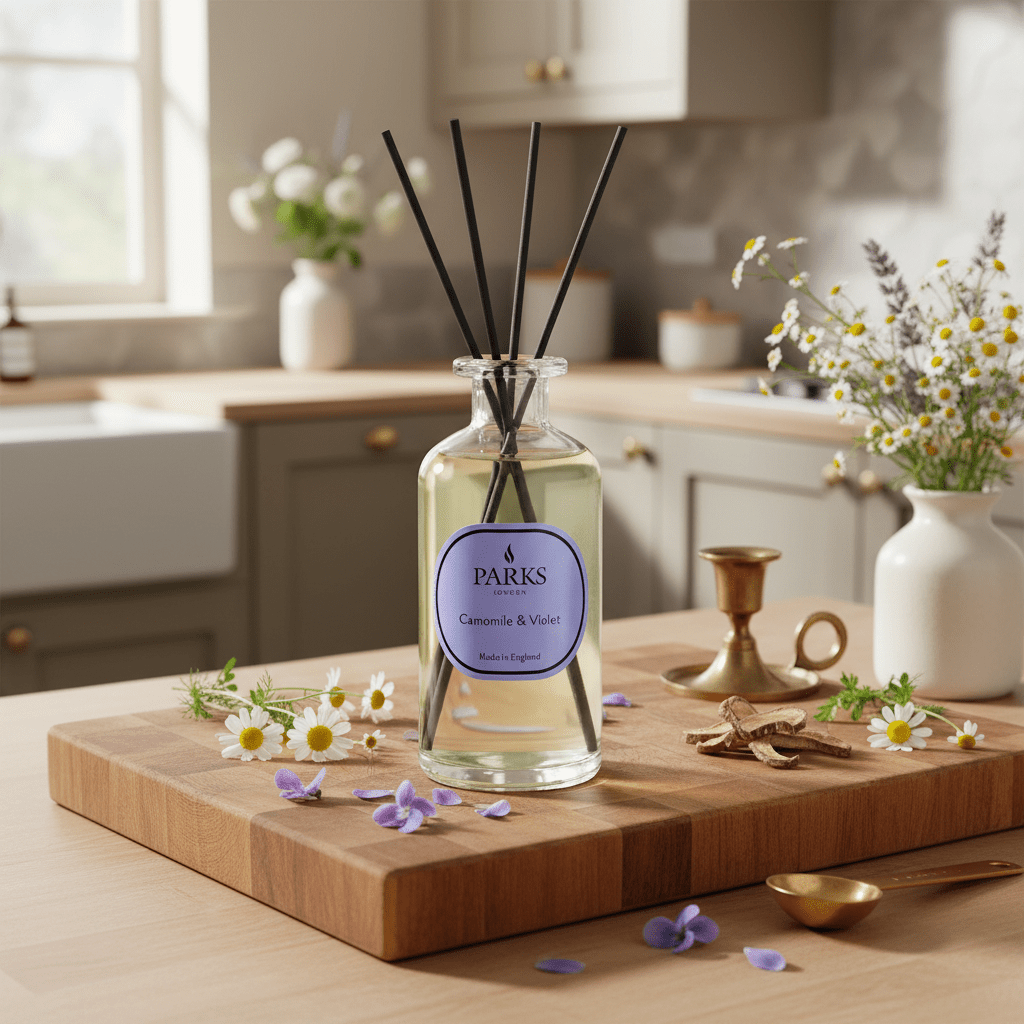 Parks Candles Camomile Violet & Orris reed diffuser in 220ml glass bottle with natural reeds, decorative and fragrant home decor.