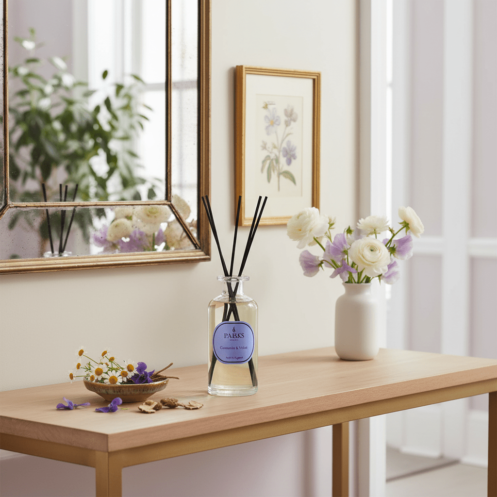 Parks Candles Camomile Violet & Orris reed diffuser in a 220ml glass bottle with reed sticks, showcasing the floral fragrance.