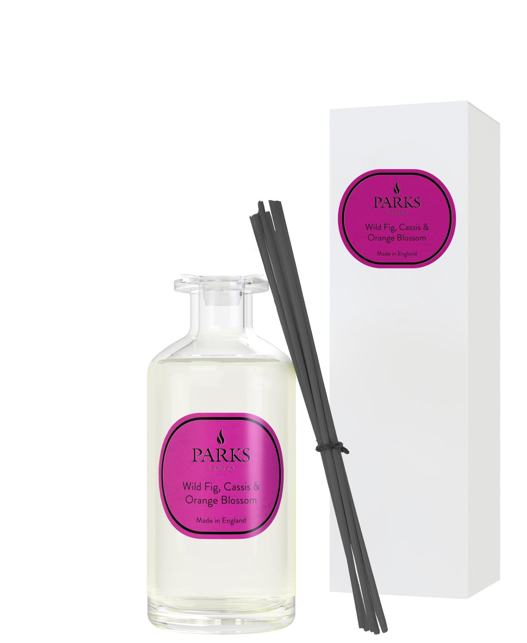 Parks Candles Wild Fig, Cassis & Orange Blossom reed diffuser 220ml with elegant glass bottle and natural reed sticks.