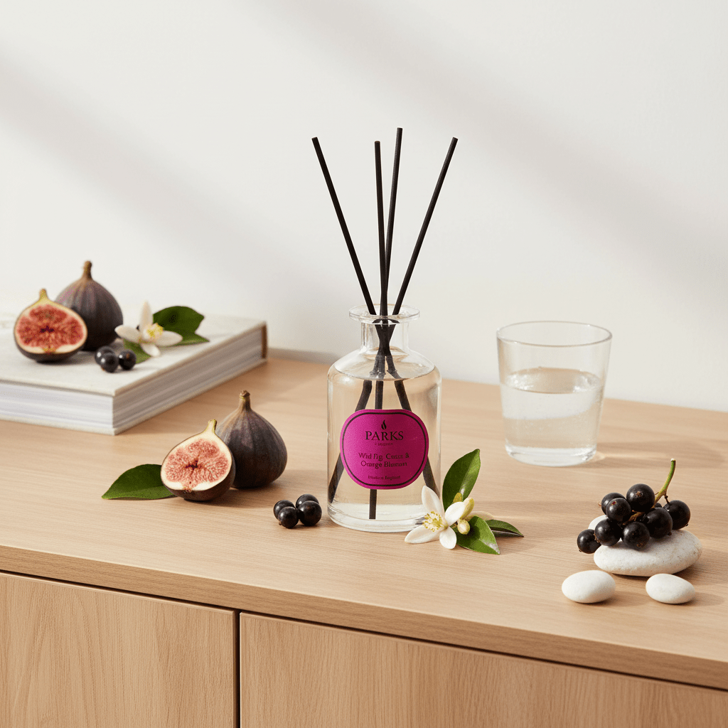 Reed diffuser by Parks Candles featuring wild fig, cassis, and orange blossom scent in a 220ml bottle with reeds.