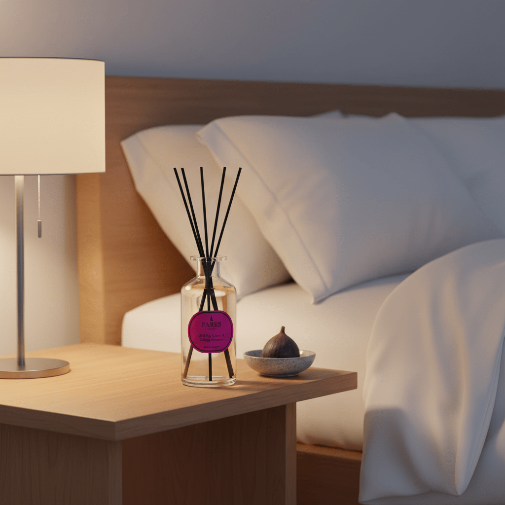 Parks Candles Wild Fig, Cassis & Orange Blossom reed diffuser bottle with decorative reeds in a 220ml size.