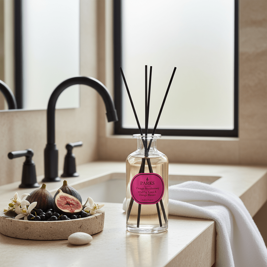 Parks Candles Wild Fig, Cassis & Orange Blossom reed diffuser 220ml with elegant glass bottle and reed sticks for home fragrance.