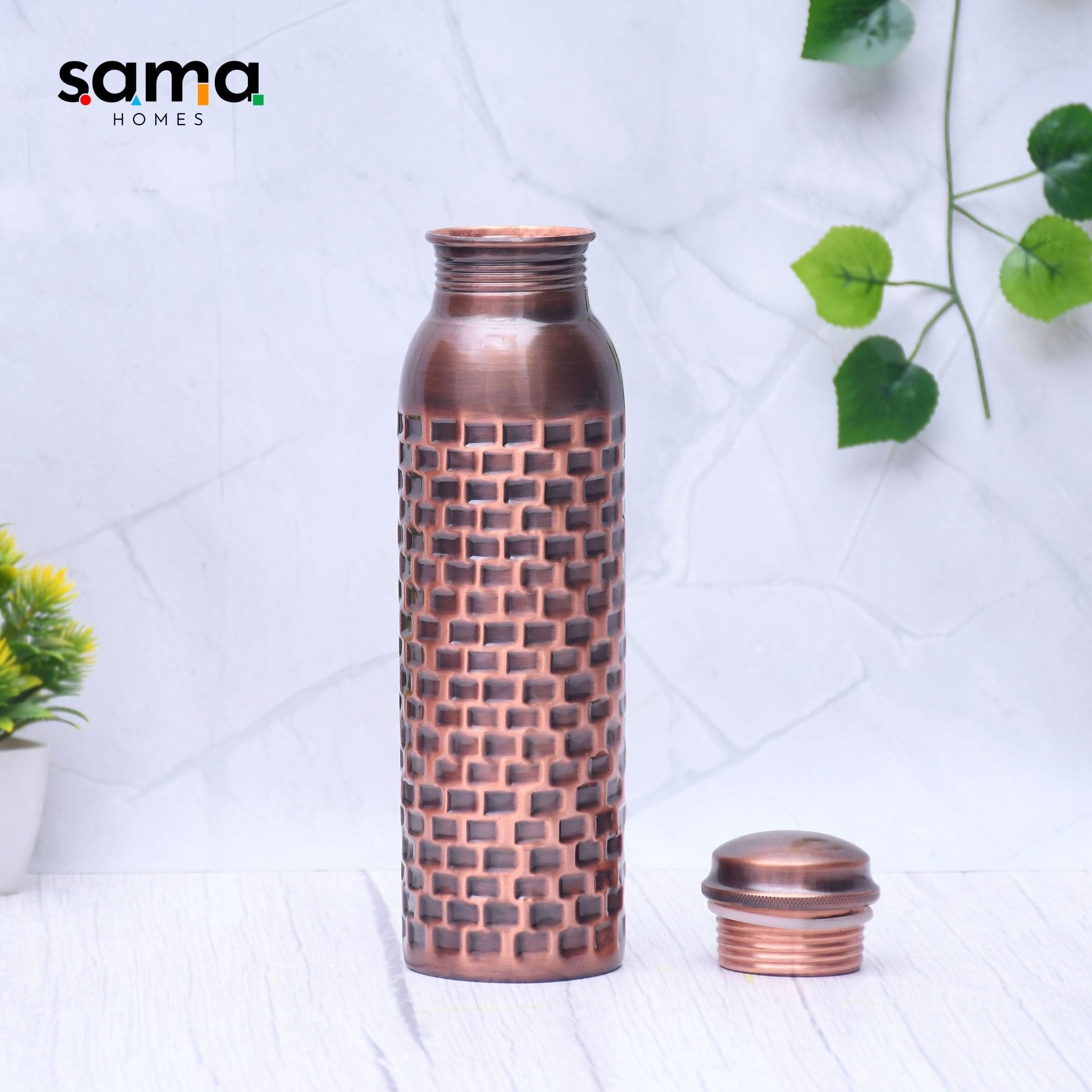 Pure copper antique water bottle with brick design, 1000ML capacity, by SAMA Homes, featuring an elegant vintage style.