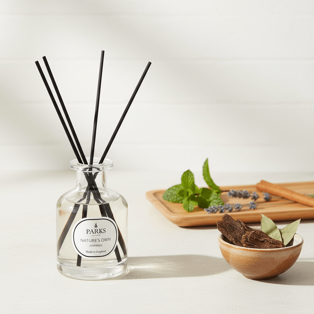 Parks Candles Inspiring Reed Diffuser 100ml in a glass bottle with natural reed sticks for home fragrance.