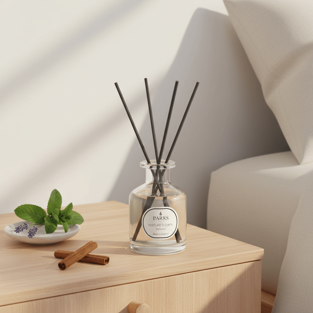 Parks Candles Inspiring Reed Diffuser 100ml with elegant glass bottle and natural reed sticks for home fragrance.