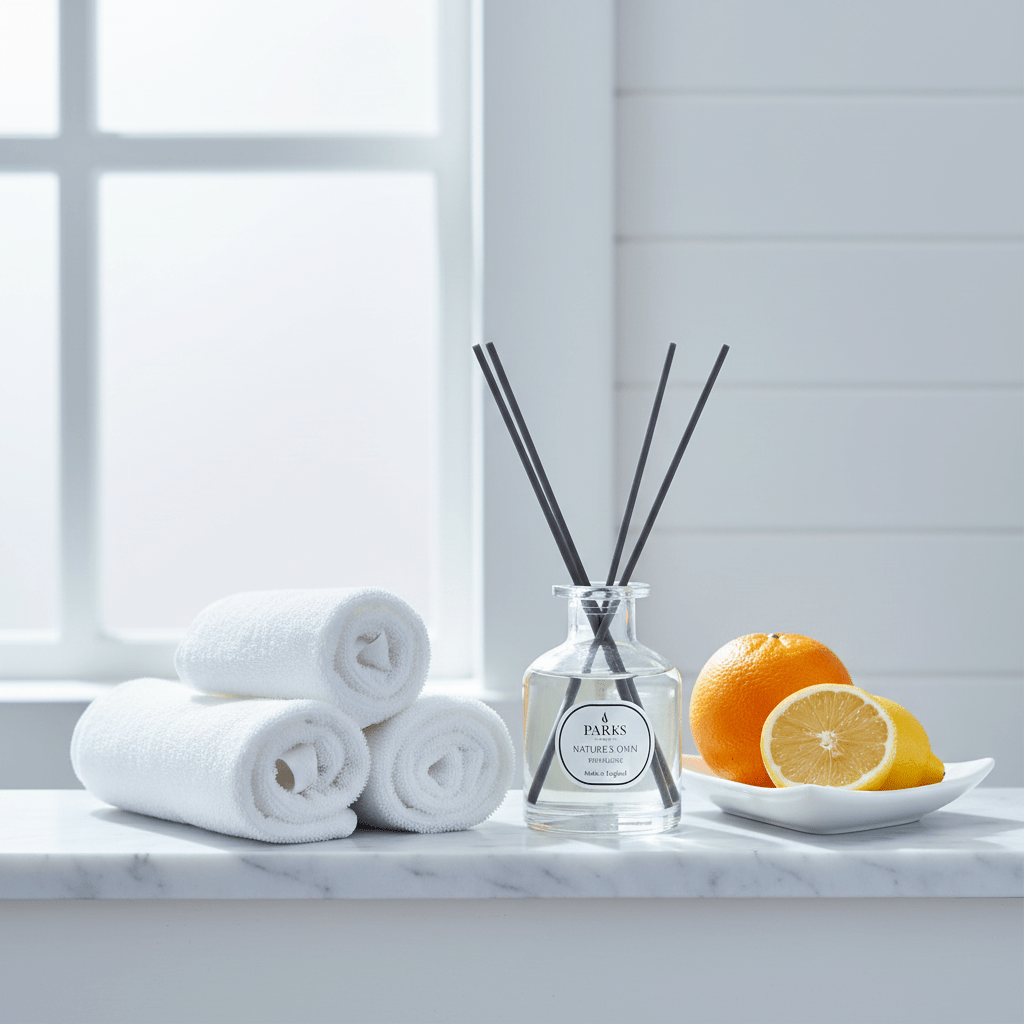 Parks Candles revitalizing reed diffuser 100ml with elegant glass bottle and natural reed sticks for home fragrance display.