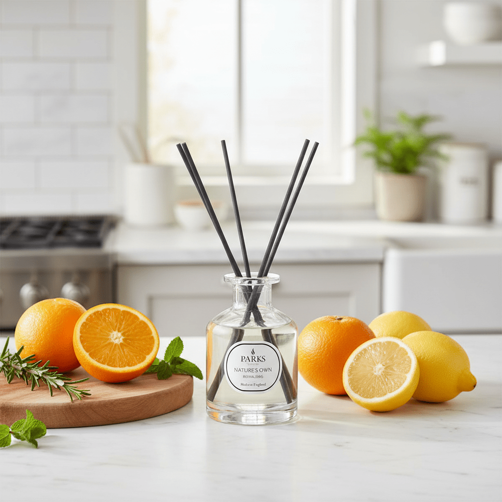 Parks Candles Revitalising Reed Diffuser 100ml with elegant glass bottle and reed sticks for home fragrance.
