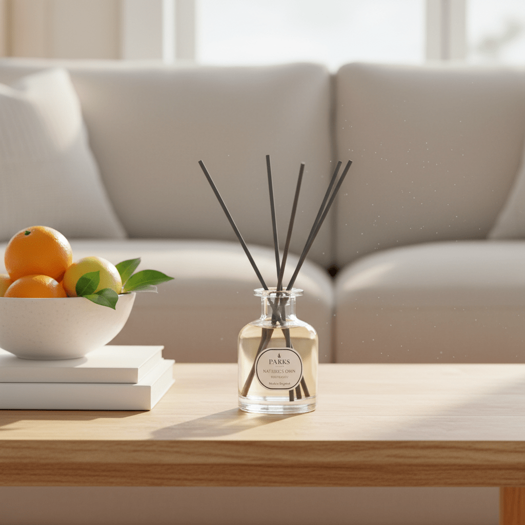 Parks Candles revitalizing reed diffuser in a 100ml glass bottle with reed sticks, designed for home fragrance.