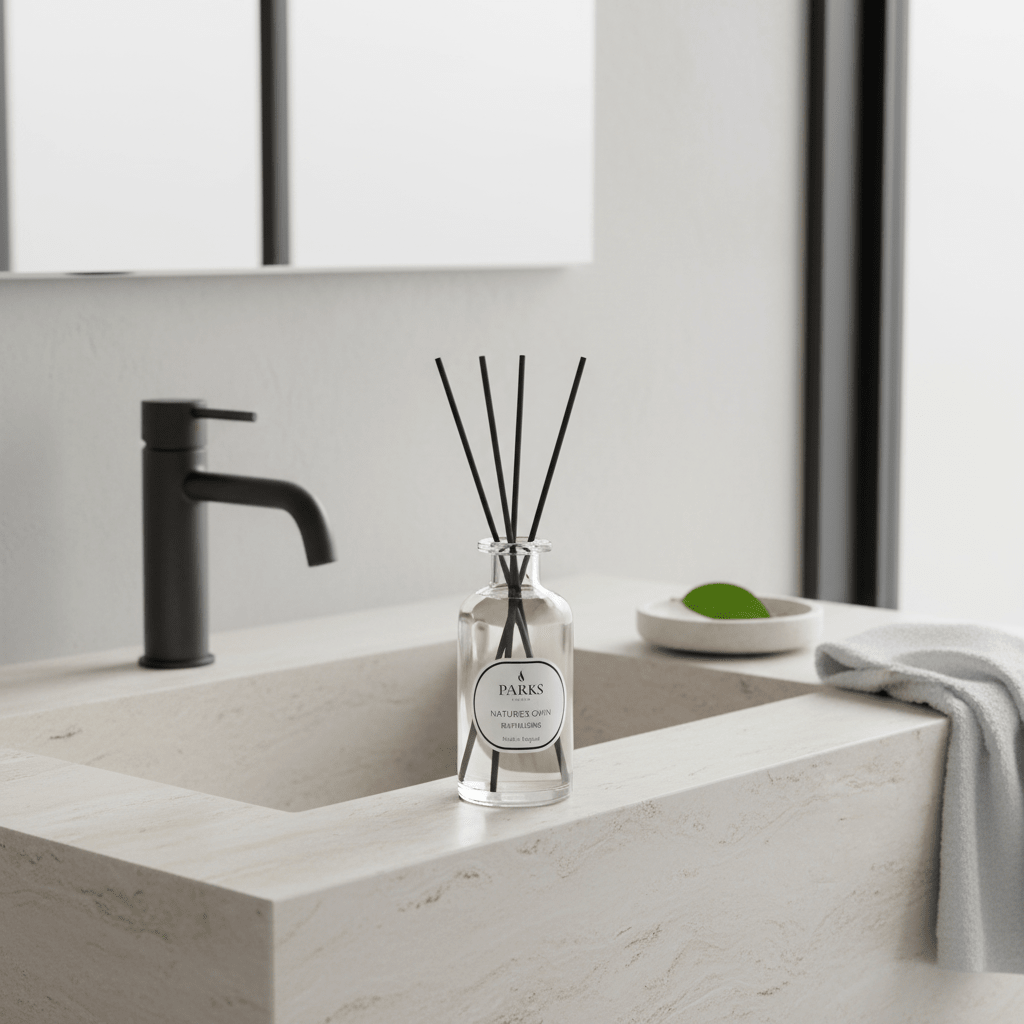 Parks Candles revitalising reed diffuser in a 220ml glass bottle with natural reed sticks for home fragrance.