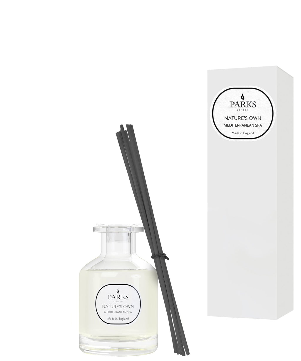 Parks Candles Mediterranean Spa Reed Diffuser 100ml with elegant glass bottle and diffusing reeds.