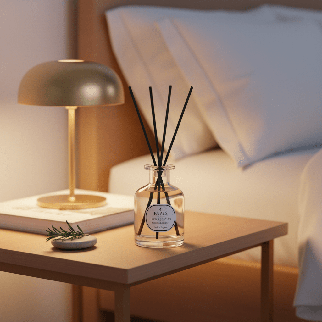 Parks Candles Mediterranean Spa reed diffuser with 100ml glass bottle and natural reed sticks for relaxing home fragrance.