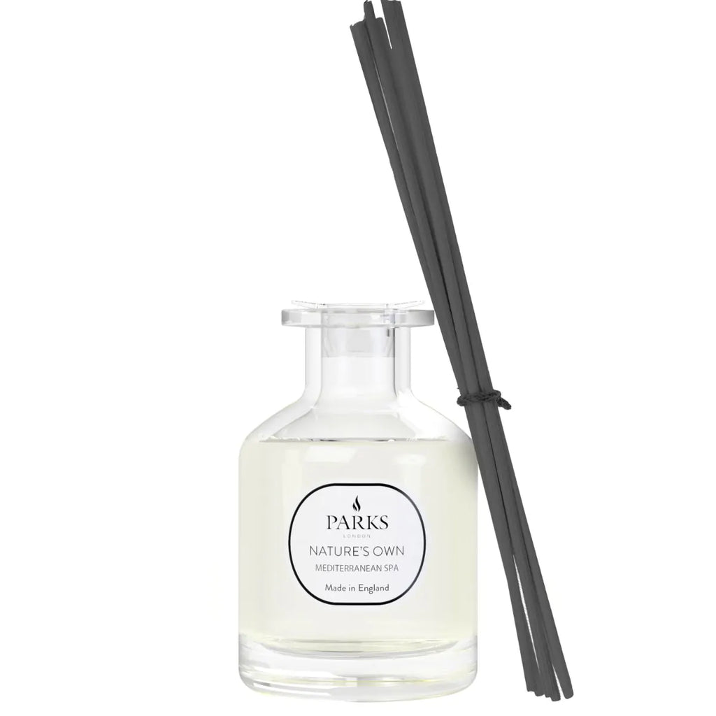 Parks Candles Mediterranean Spa Reed Diffuser 100ml with elegant glass bottle and reed sticks for aromatic home fragrance.