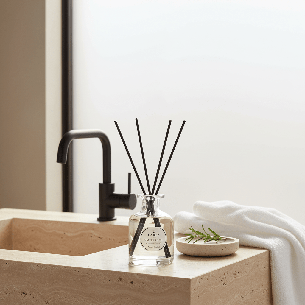 Parks Candles Mediterranean Spa Reed Diffuser 100ml with elegant glass bottle and reed sticks for soothing home fragrance.
