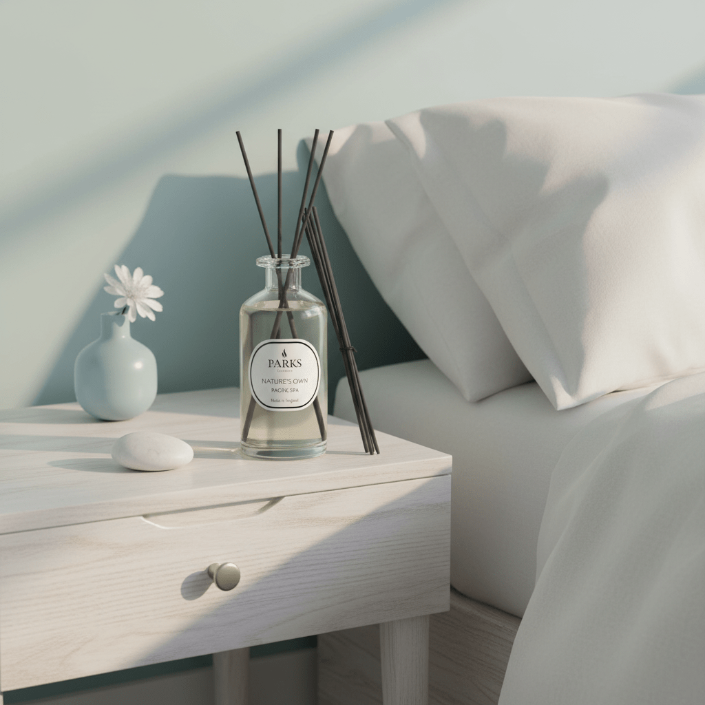 Parks Candles Pacific Spa reed diffuser 220ml with elegant glass bottle and natural reed sticks for home fragrance.