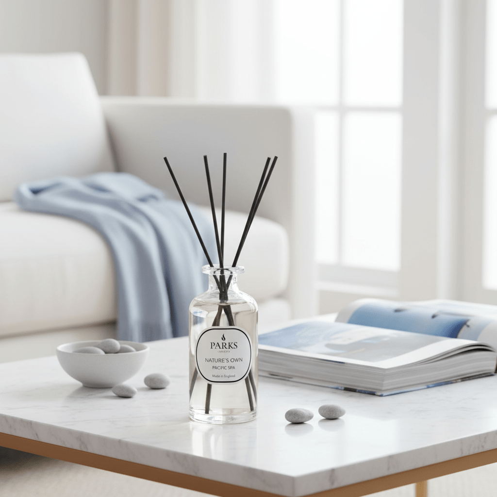 Pacific Spa reed diffuser by Parks Candles in a 220ml glass bottle with natural rattan reeds for home fragrance.