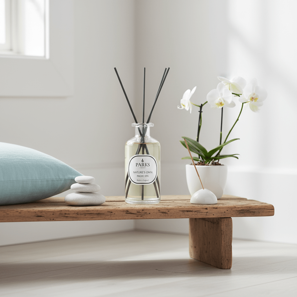 Parks Candles Pacific Spa Reed Diffuser 220ml with elegant glass bottle and reed sticks for aromatic home fragrance.