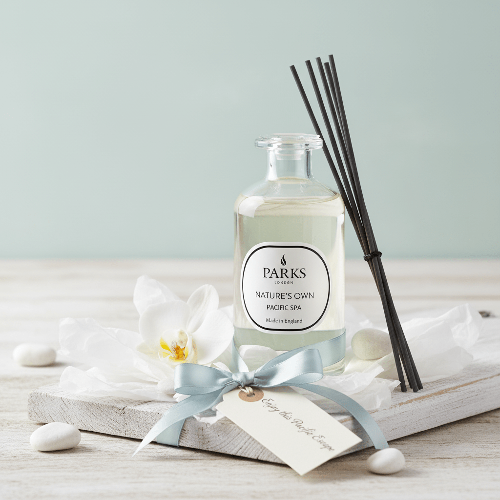 Parks Candles Pacific Spa Reed Diffuser 220ml with elegant glass bottle and reed sticks for home fragrance.