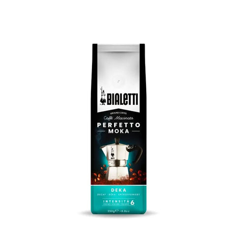 Decaf Bialetti Perfetto Moka stovetop coffee by Brew Italia, showing a brewing moka pot on a stovetop.