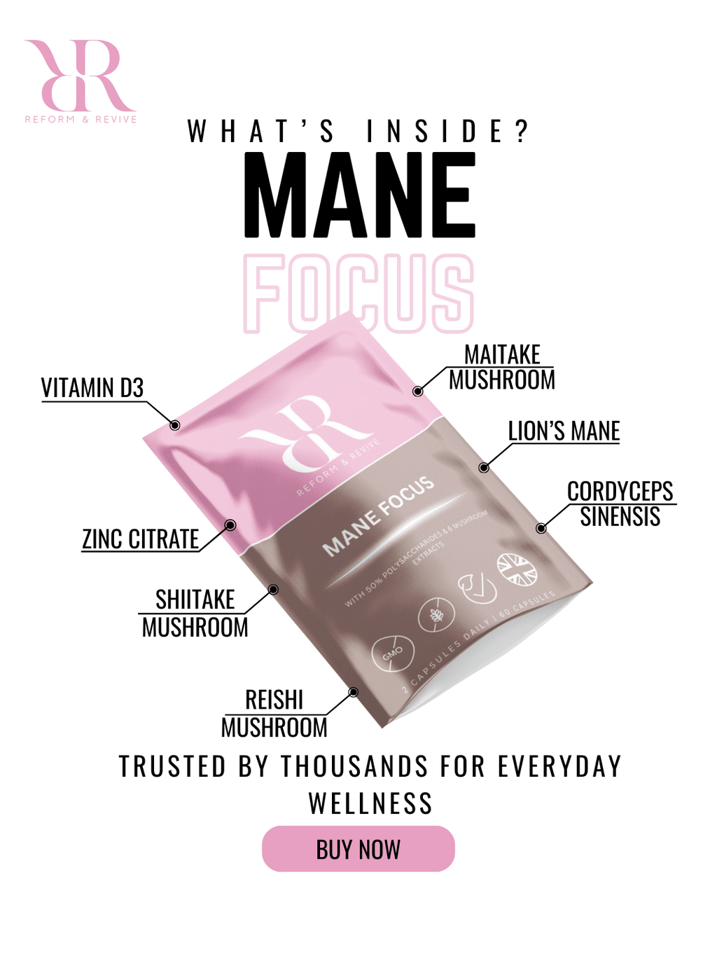 Reform and Revive Mane Focus+ vitamins bottle with colorful label, designed for cognitive support and mental clarity.