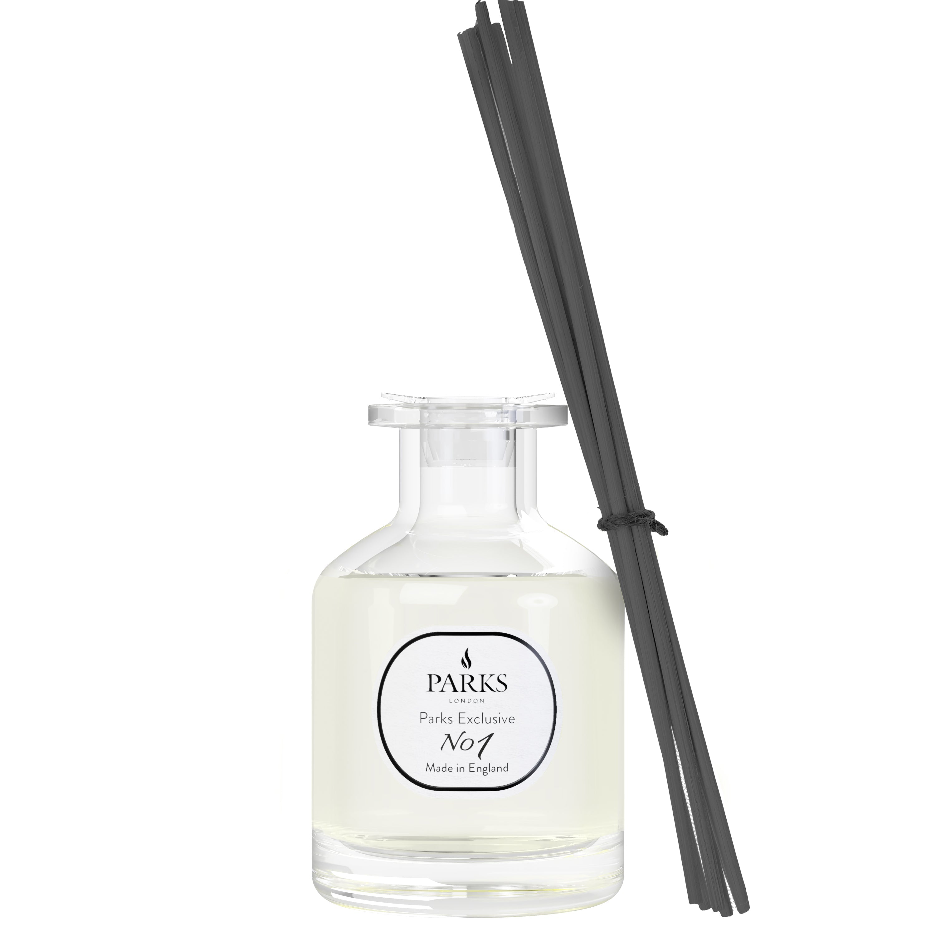 Parks Candles No1 reed diffuser with Sandalwood and Vanilla scent in a 100ml bottle, featuring elegant glass and reed sticks.