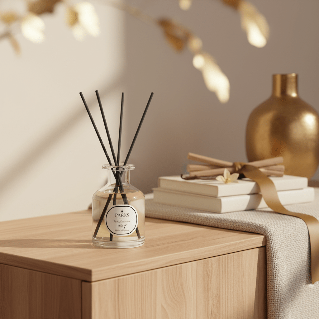 Parks Candles reed diffuser with Sandalwood and Vanilla scent, 100ml bottle with reed sticks for home fragrance.