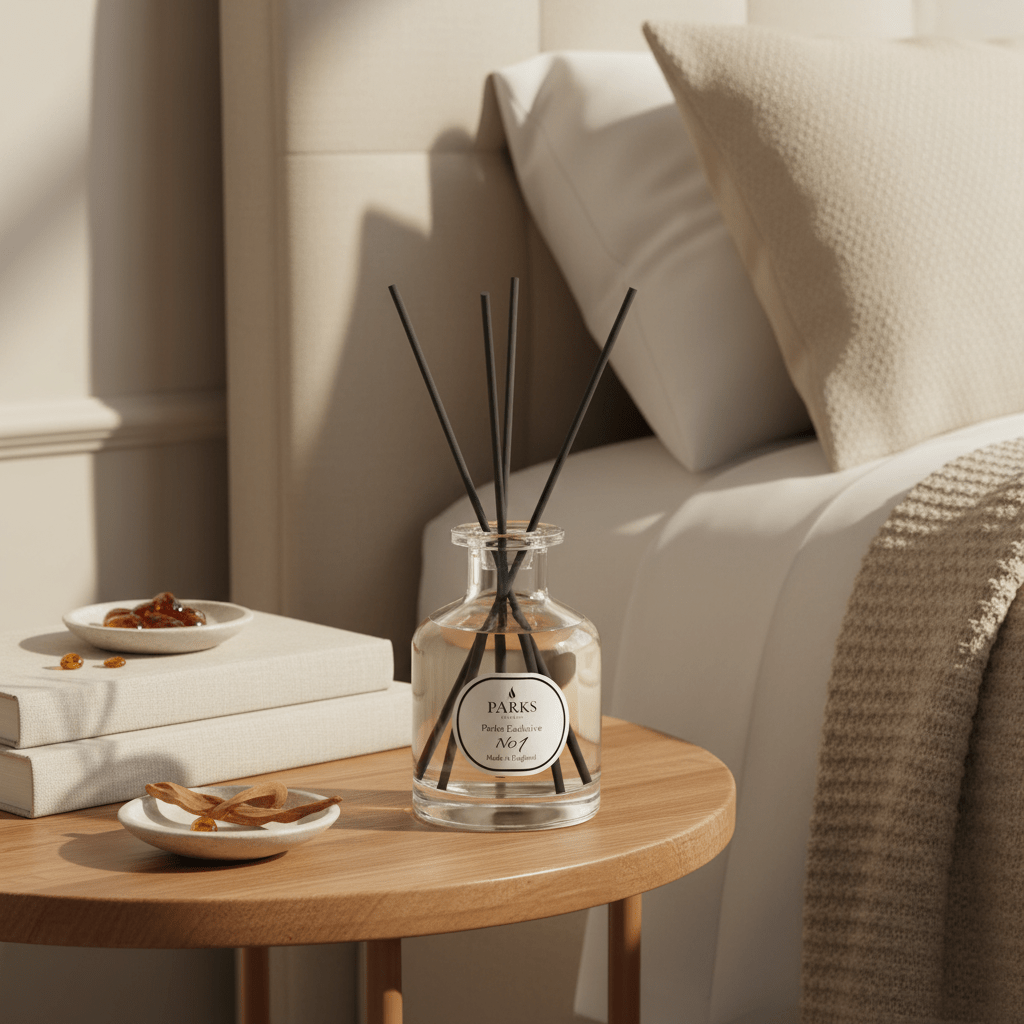 Reed diffuser in a glass bottle with natural reed sticks, labeled Parks Candles Sandalwood & Vanilla scent, 100ml.