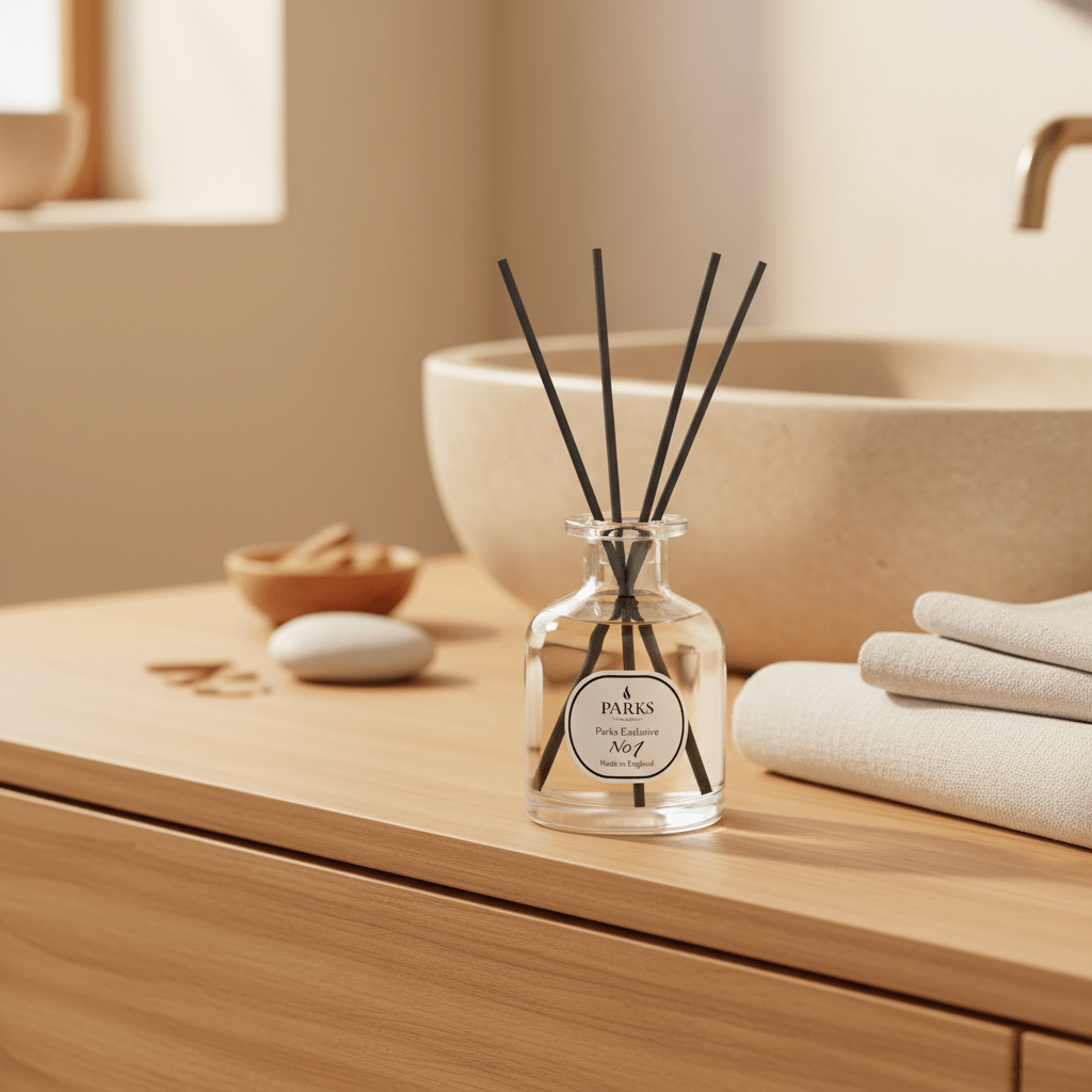 Reed diffuser with Sandalwood and Vanilla scent in a 100ml bottle by Parks Candles, showing the elegant diffuser and aroma sticks.