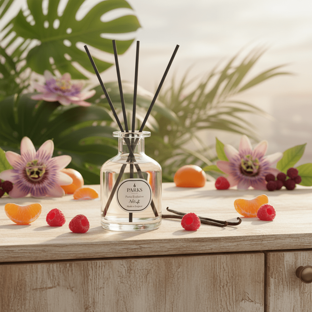 Parks Candles NO4 Passion Flower, Vanilla & Berries reed diffuser with a 100ml glass bottle and natural reed sticks.