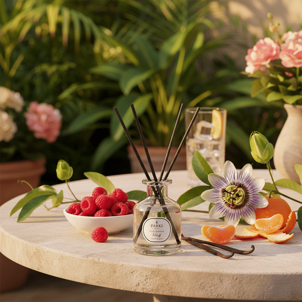 Reed diffuser by Parks Candles featuring passion flower, vanilla, and berries scent in a 100ml glass bottle.