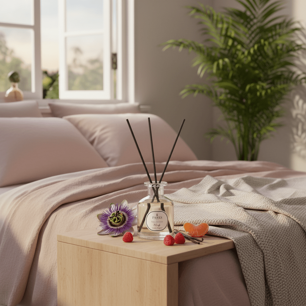 Parks Candles NO4 Passion Flower, Vanilla & Berries reed diffuser with 100ml glass bottle and reed sticks for home fragrance.