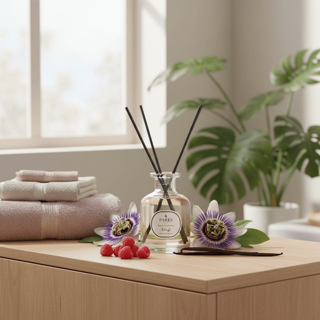 Parks Candles NO4 Passion Flower, Vanilla & Berries reed diffuser with 100ml bottle, showcasing the elegant diffuser design.