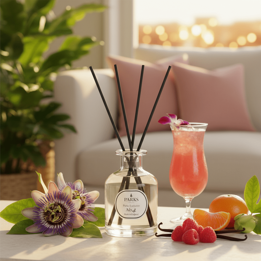Parks Candles NO4 Passion Flower, Vanilla & Berries reed diffuser with 100ml glass container and natural reed sticks.