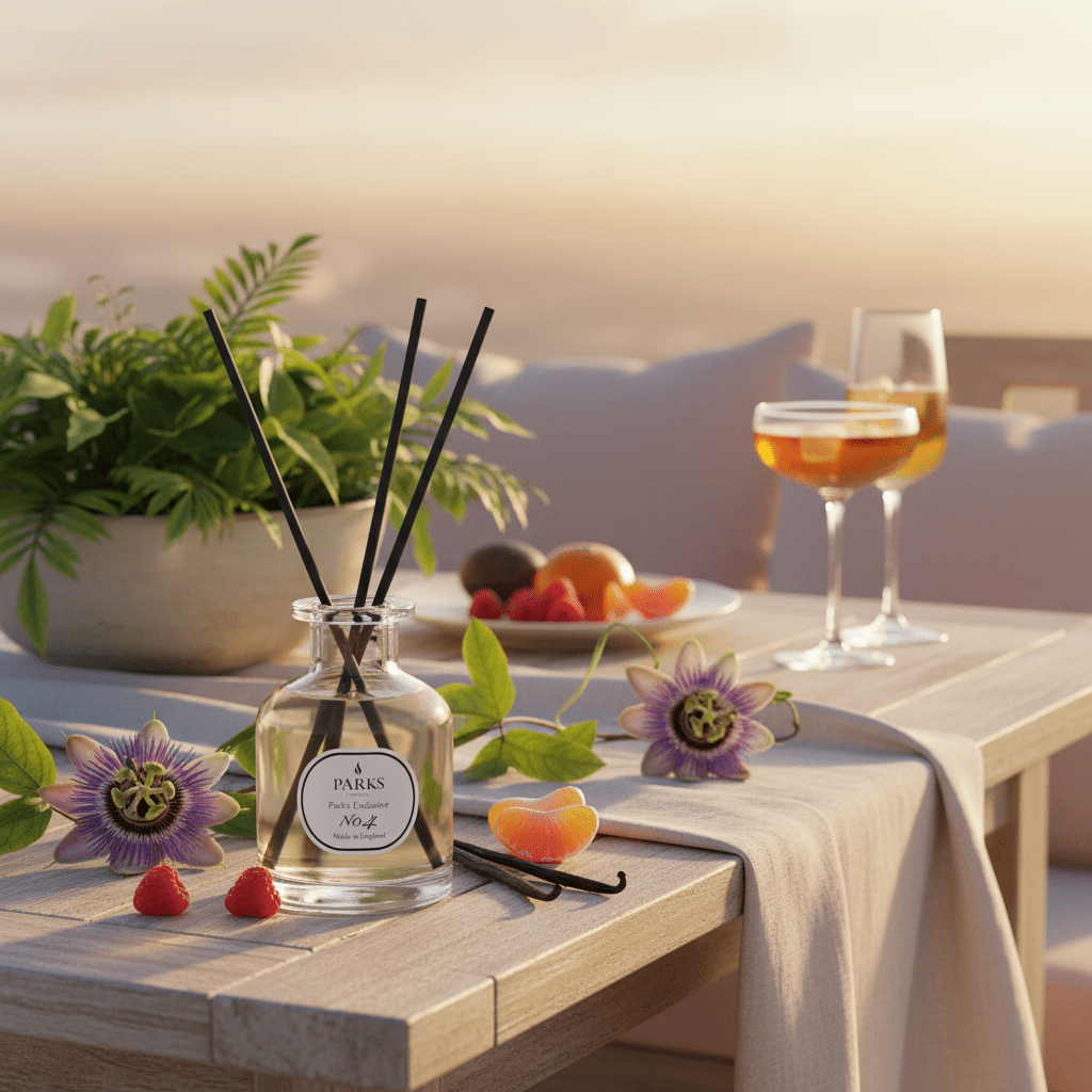 Parks Candles NO4 Passion Flower, Vanilla & Berries reed diffuser with a glass bottle and reed sticks for home fragrance.