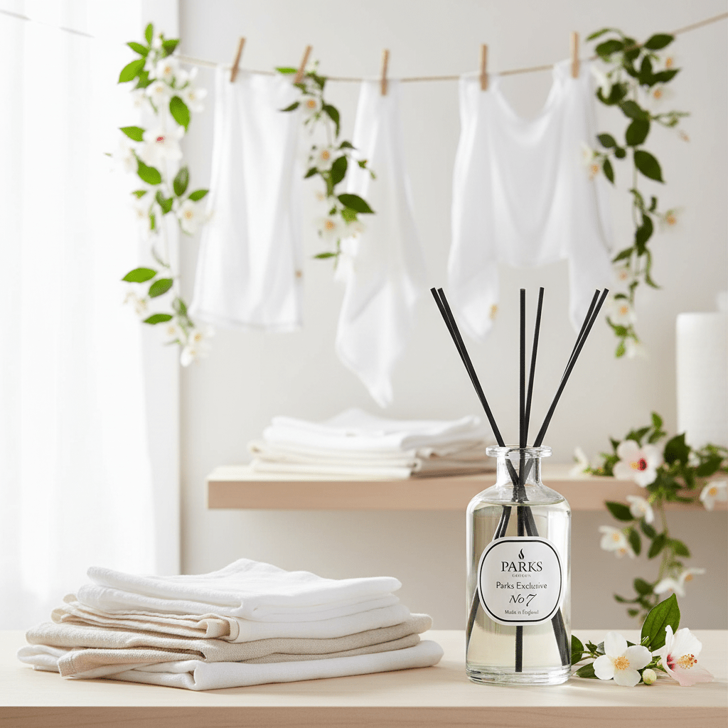 Parks Candles NO7 Cotton Fresh reed diffuser bottle with white reeds and a clear 220ml glass container for home fragrance.