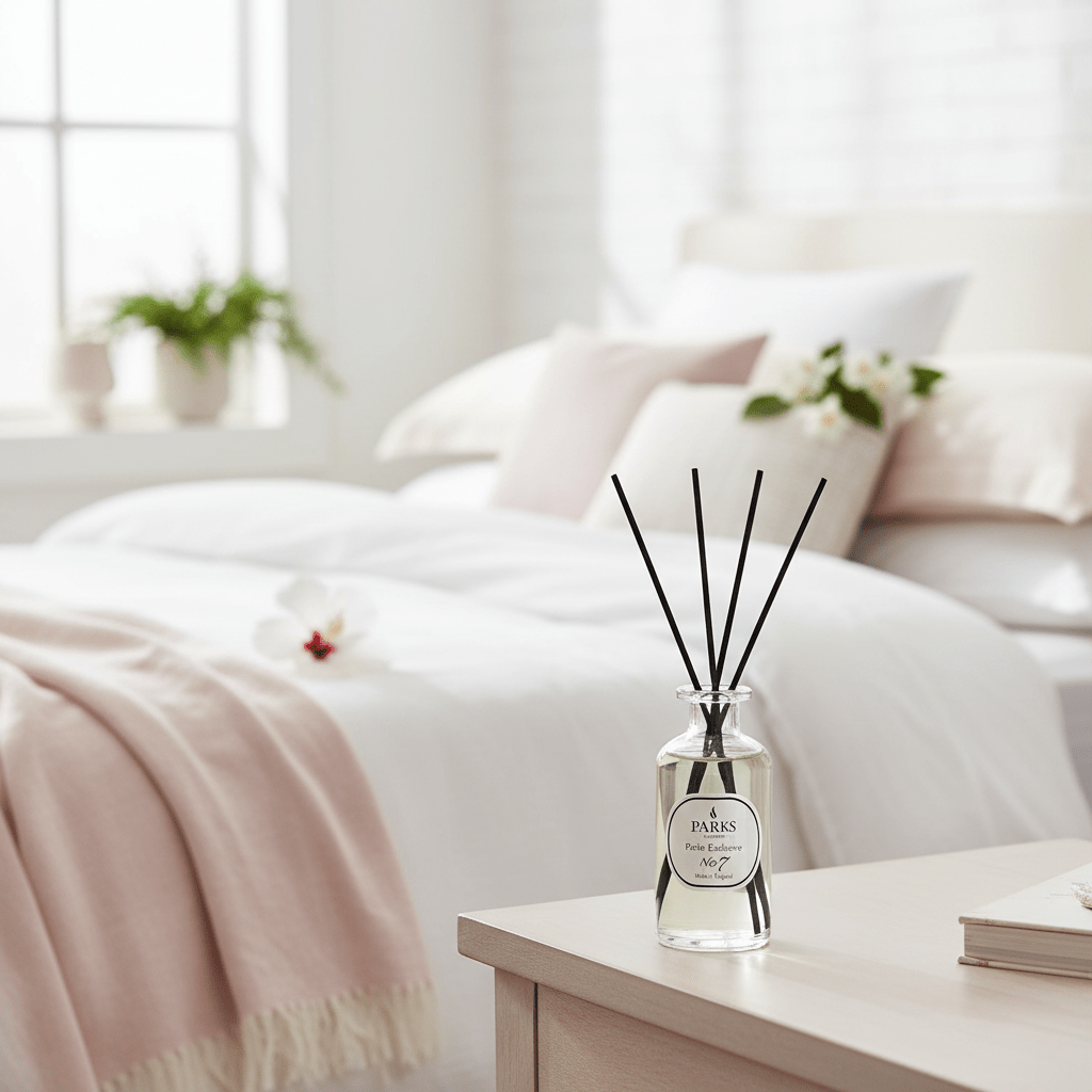 Parks Candles NO7 Cotton Fresh reed diffuser with 220ml glass bottle and natural reed sticks for fresh home fragrance.